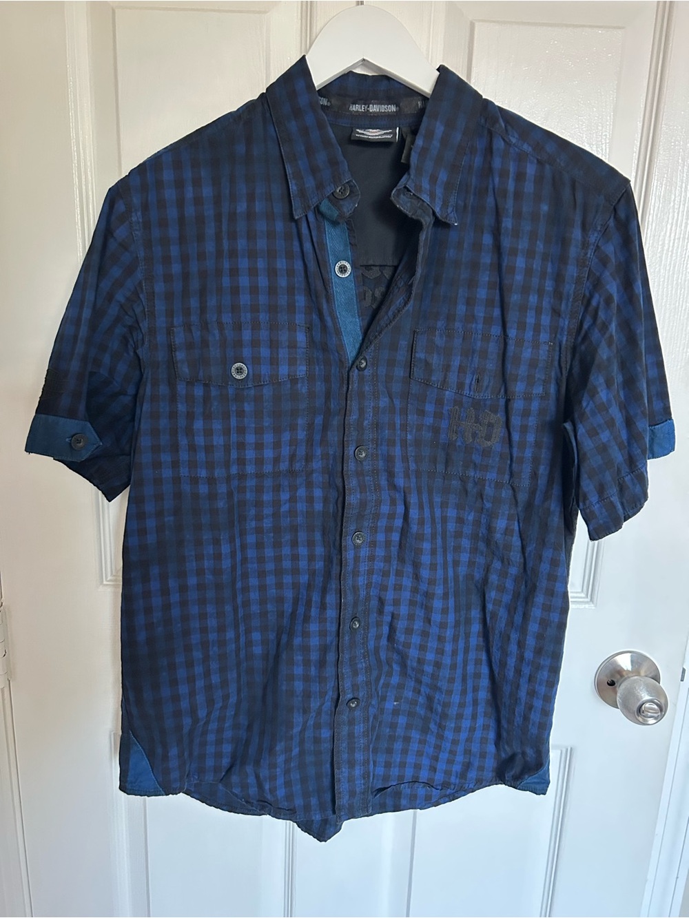 Harley-Davidson Navy and Black Short-Sleeve Plaid Button-Down Shirt